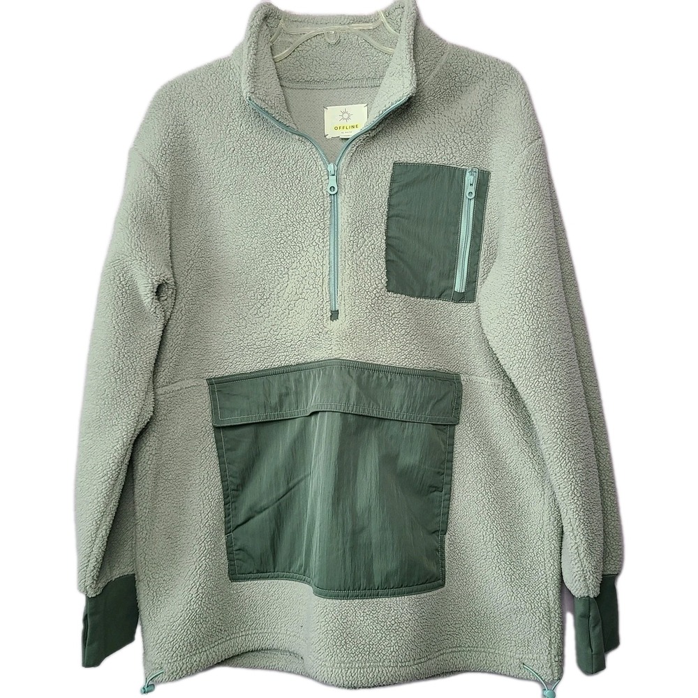 Offline by Aerie Cozy Oversized Sherpa Pullover Fleece Green Half Zip‎ Sz S